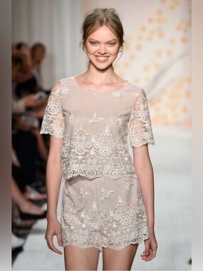 LC Lauren Conrad Runway Nude 2 Piece Embroidered Popover Top and Shorts Set